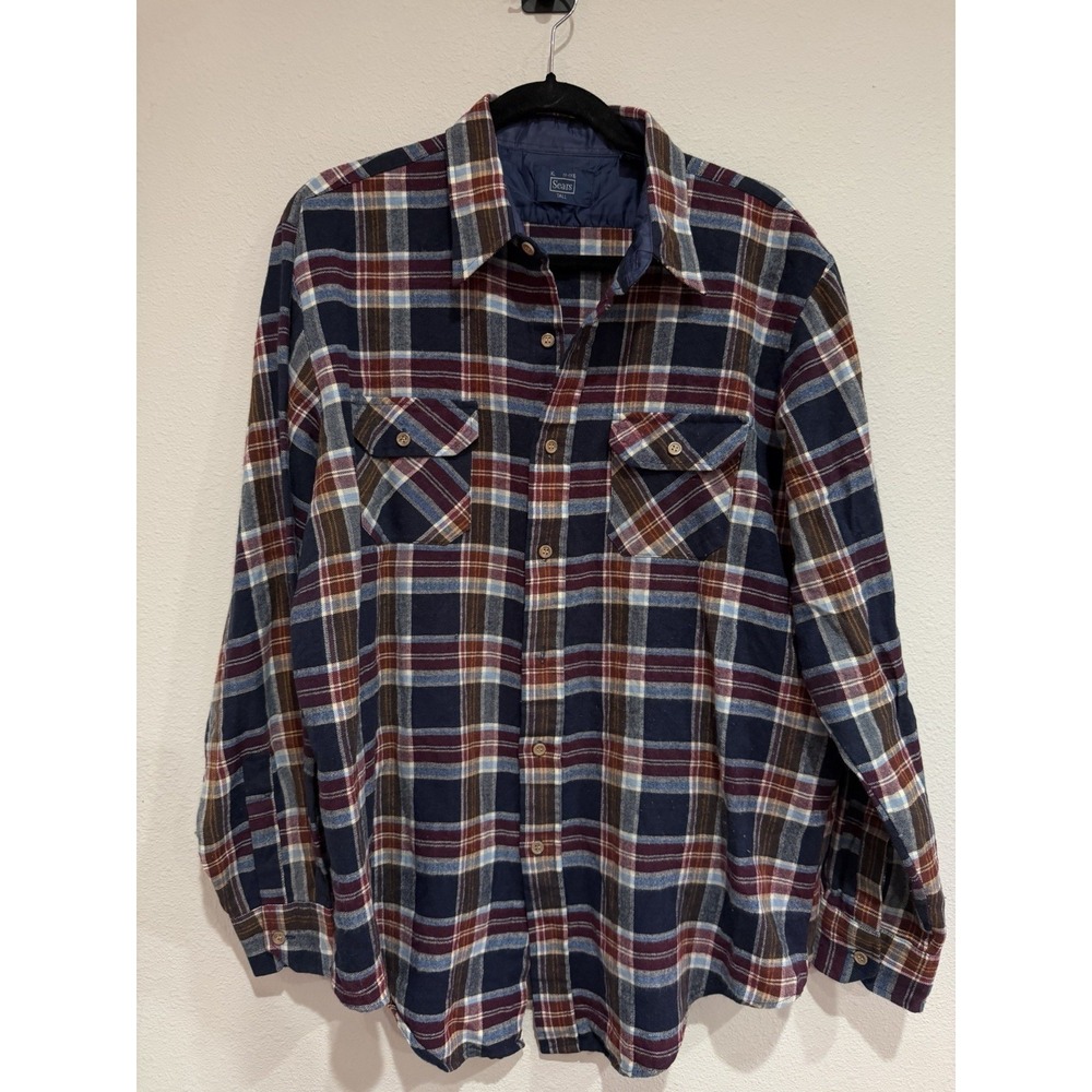 Vintage Sears Shirt Adult XL‎ Tall Blue Red Flannel Acrylic Gorpcore Plaid